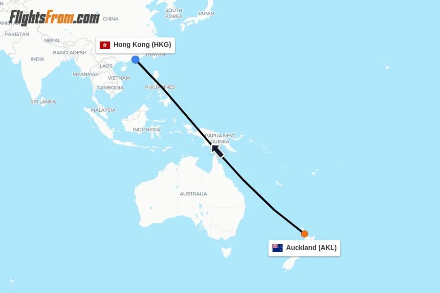 Flights from Auckland to Hong Kong route map