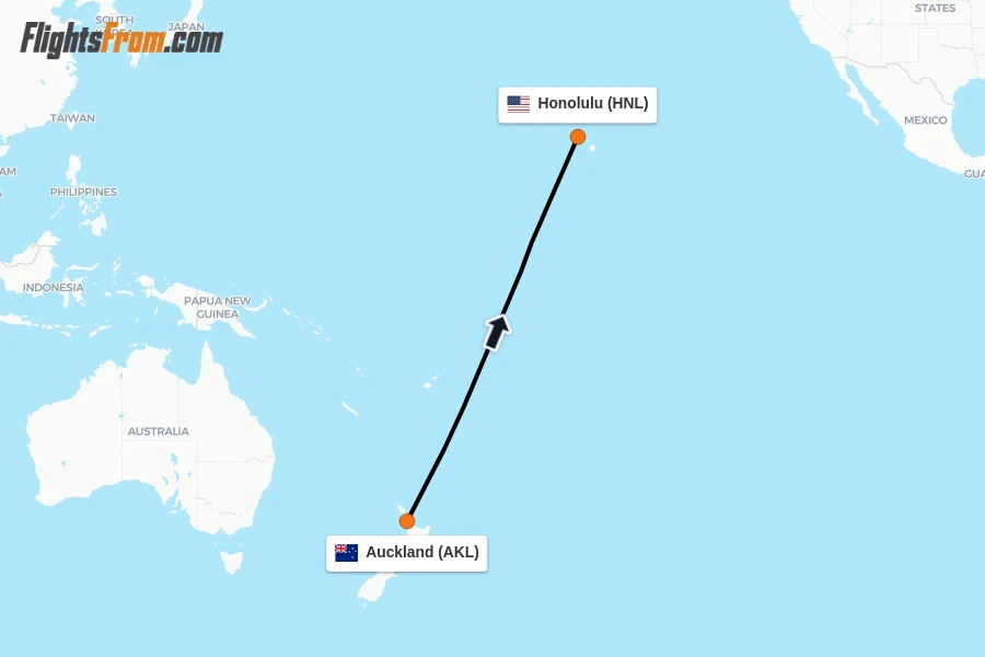 Flights from Auckland to Honolulu route map