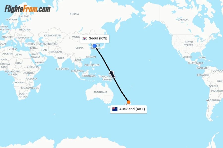 Flights from Auckland to Seoul route map