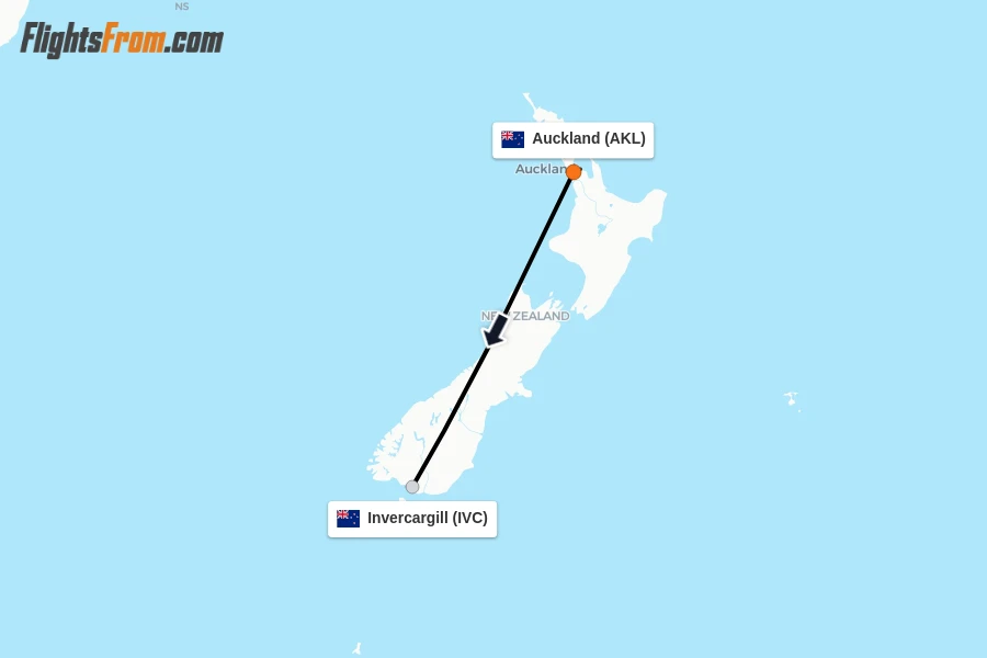 Flights from Auckland to Invercargill route map