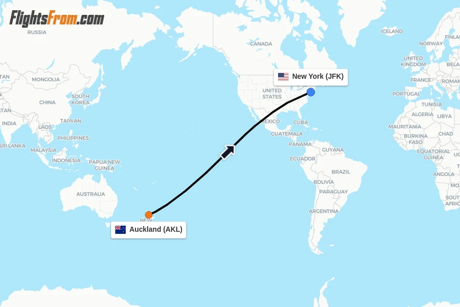 Flights from Auckland to New York route map