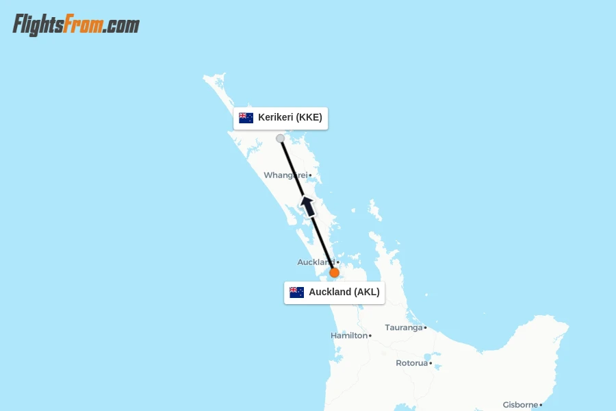 Flights from Auckland to Kerikeri route map