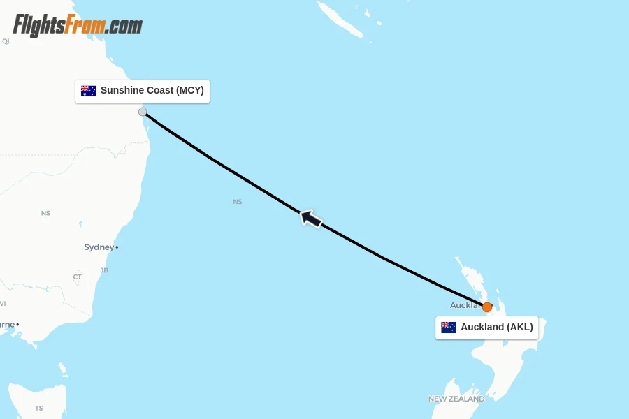 Flights from Auckland to Sunshine Coast route map