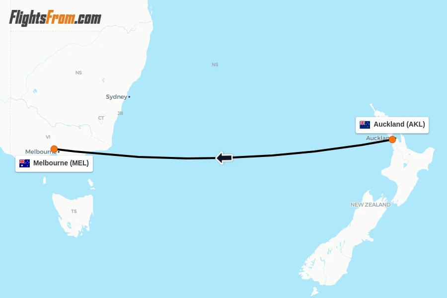 Flights from Auckland to Melbourne route map