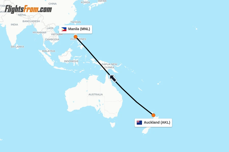 Flights from Auckland to Manila route map