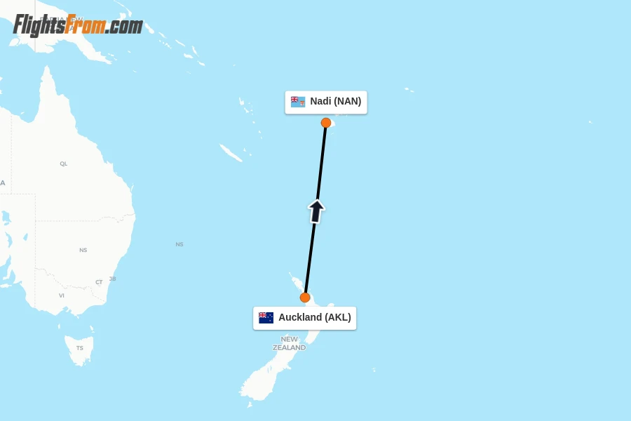 Flights from Auckland to Nadi route map