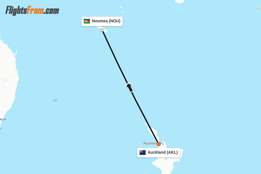 Flights from Auckland to Noumea route map