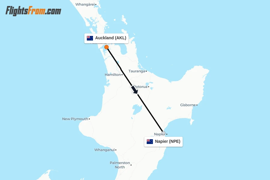 Flights from Auckland to Napier route map
