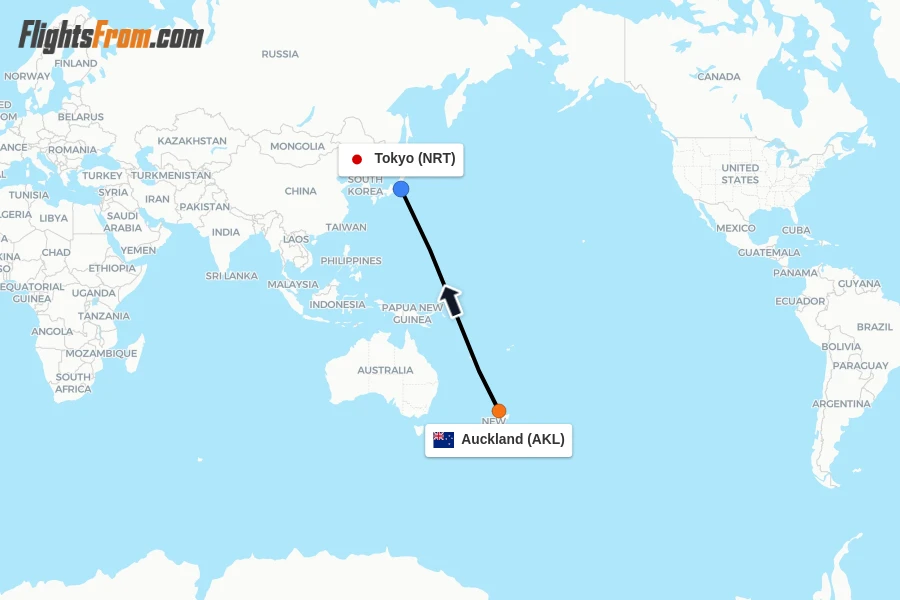 Flights from Auckland to Tokyo route map