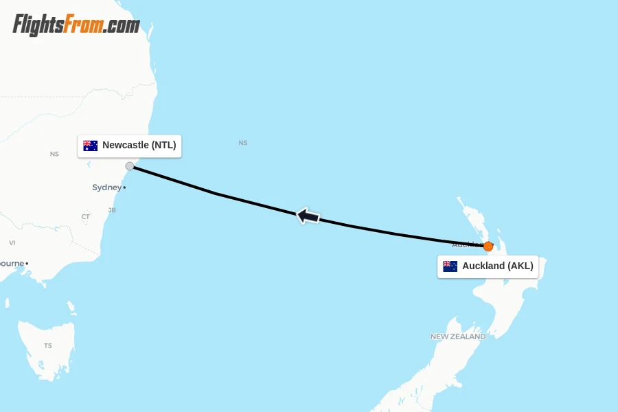 Flights from Auckland to Newcastle route map