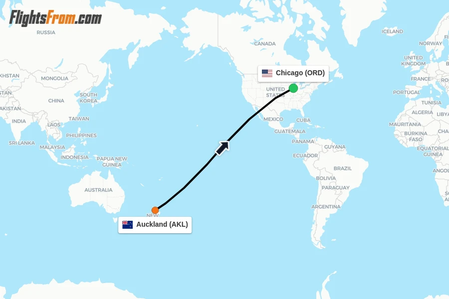 Flights from Auckland to Chicago route map