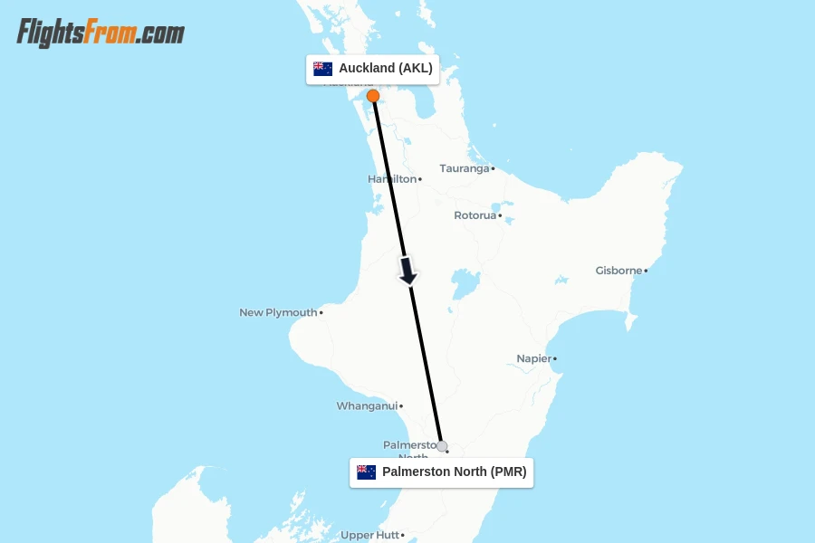 Flights from Auckland to Palmerston North route map
