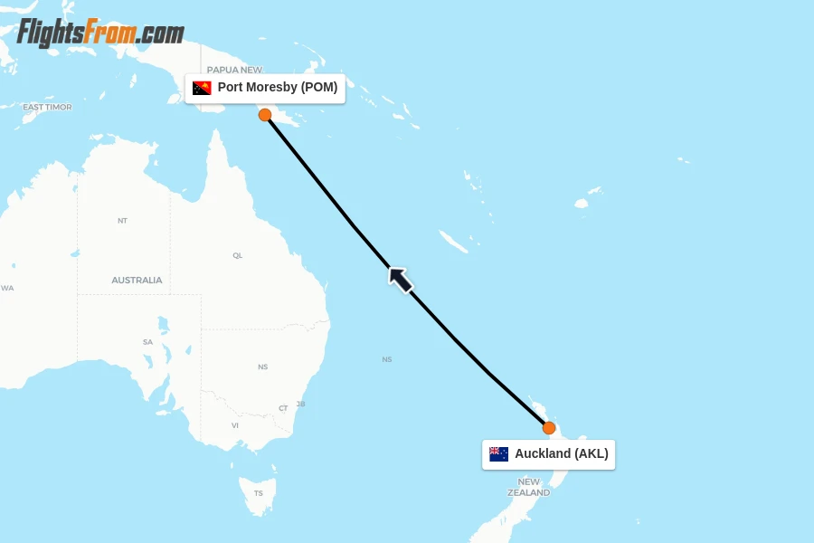 Flights from Auckland to Port Moresby route map