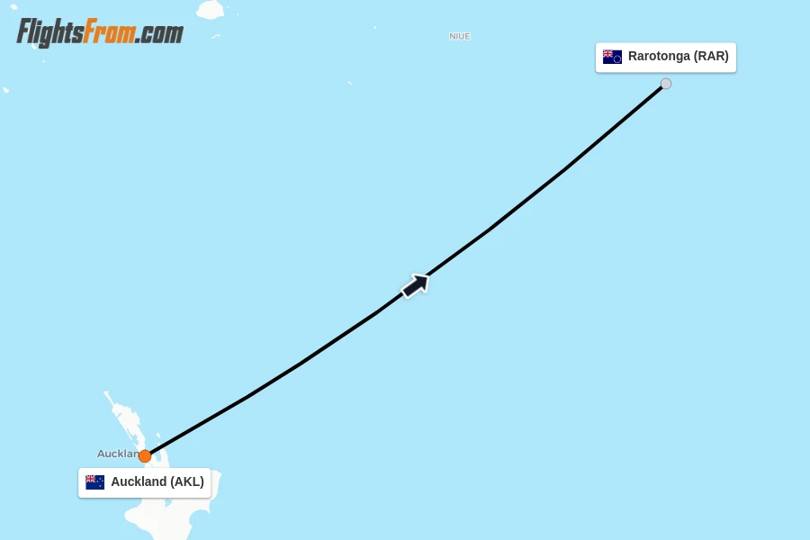 Flights from Auckland to Rarotonga route map