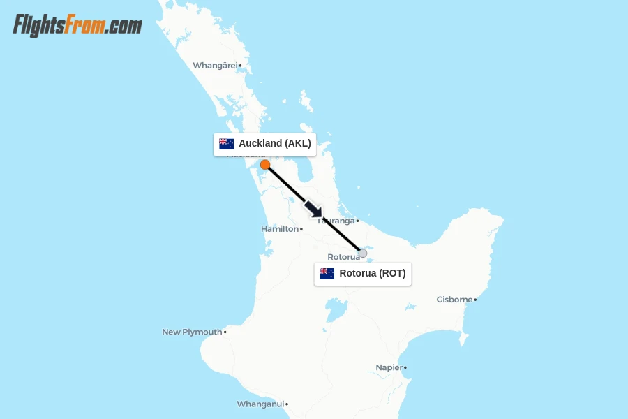 Flights from Auckland to Rotorua route map