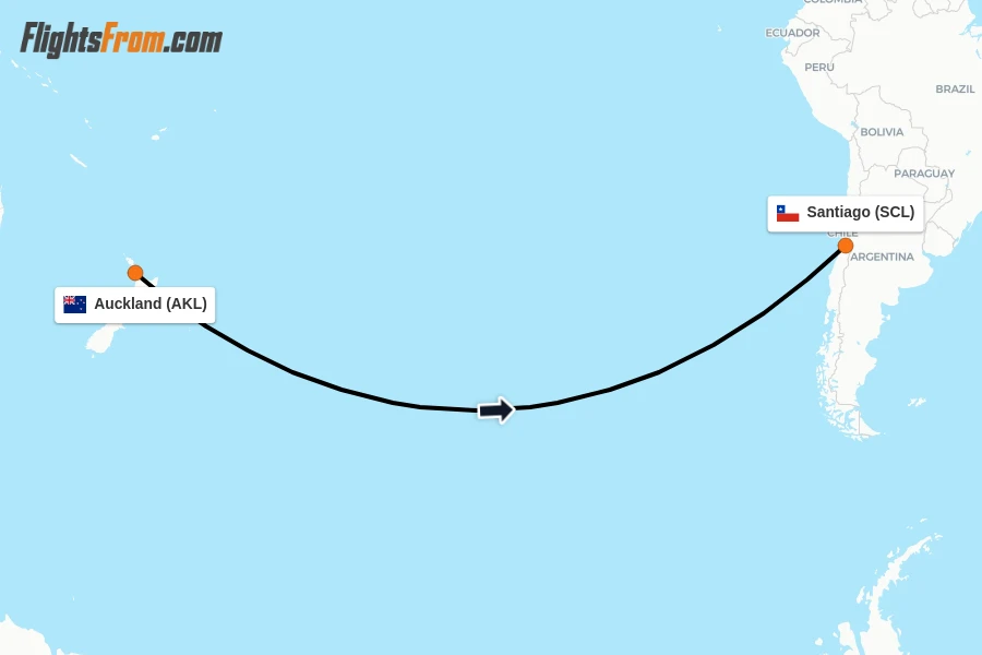 Flights from Auckland to Santiago route map