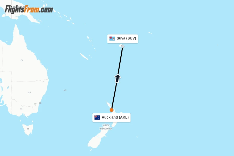 Flights from Auckland to Suva route map