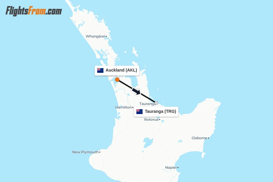 Flights from Auckland to Tauranga route map