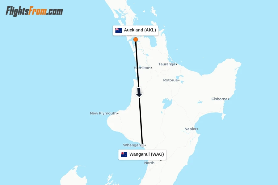Flights from Auckland to Wanganui route map