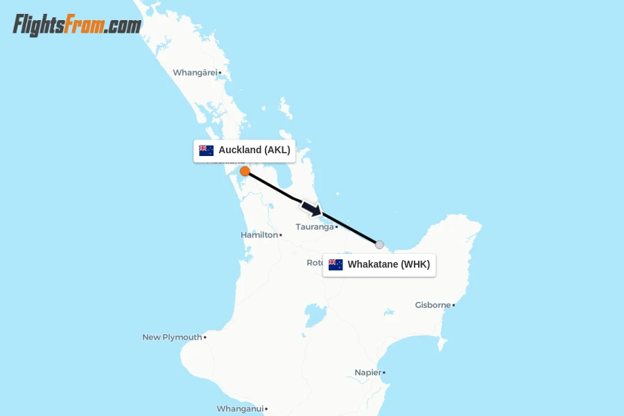 Flights from Auckland to Whakatane route map