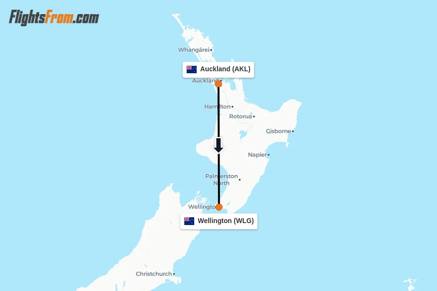 Flights from Auckland to Wellington route map
