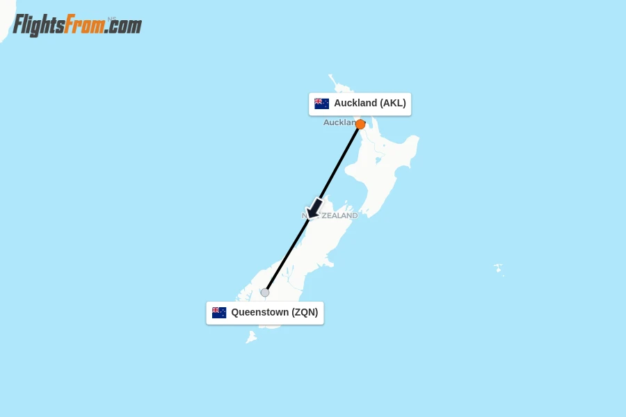 Flights from Auckland to Queenstown route map