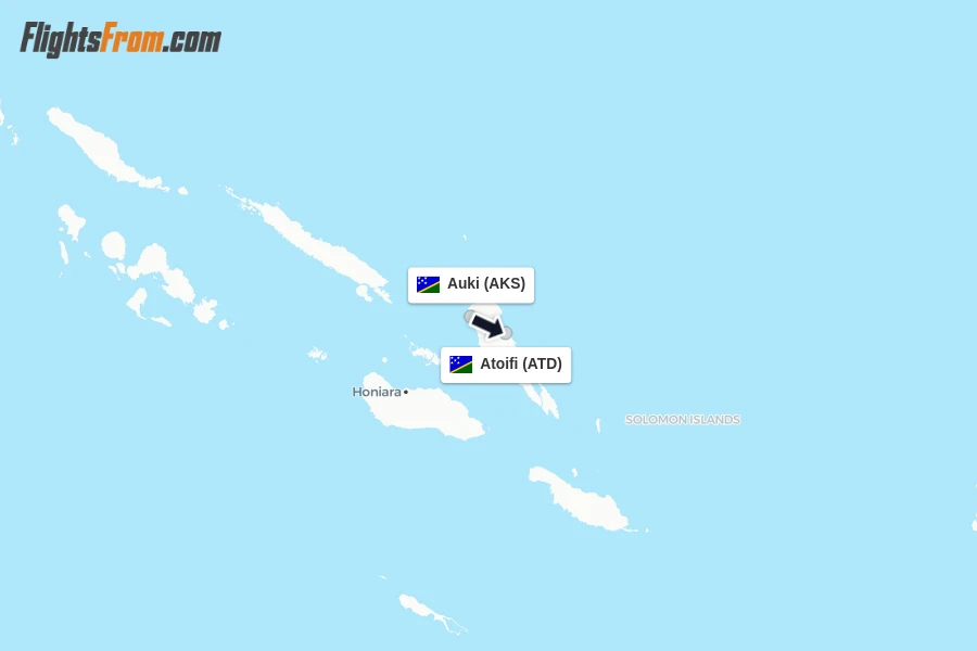 Flights from Auki to Atoifi route map