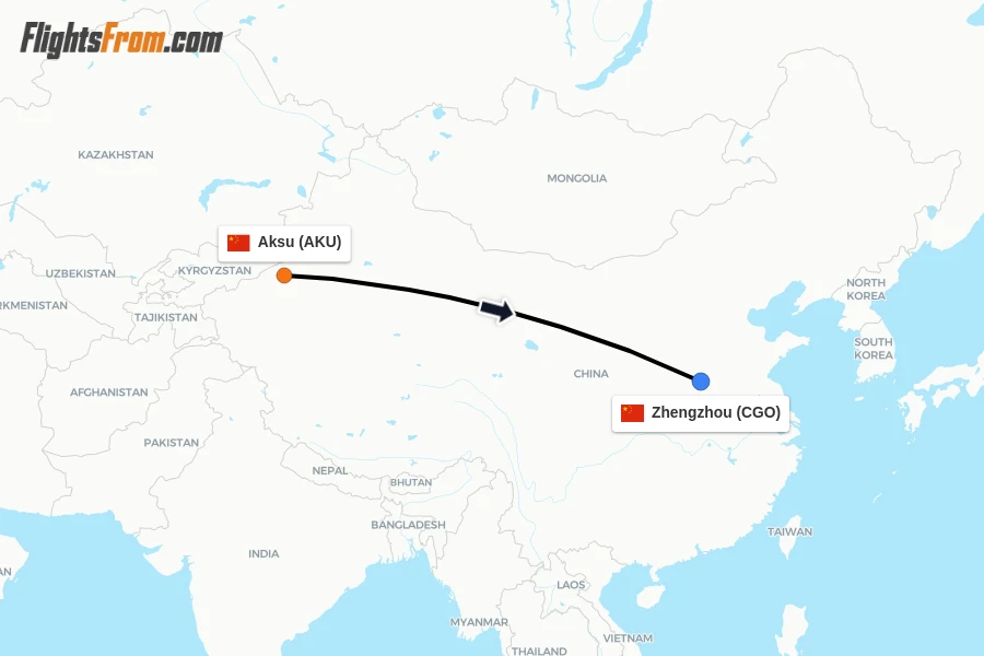Flights from Aksu to Zhengzhou route map