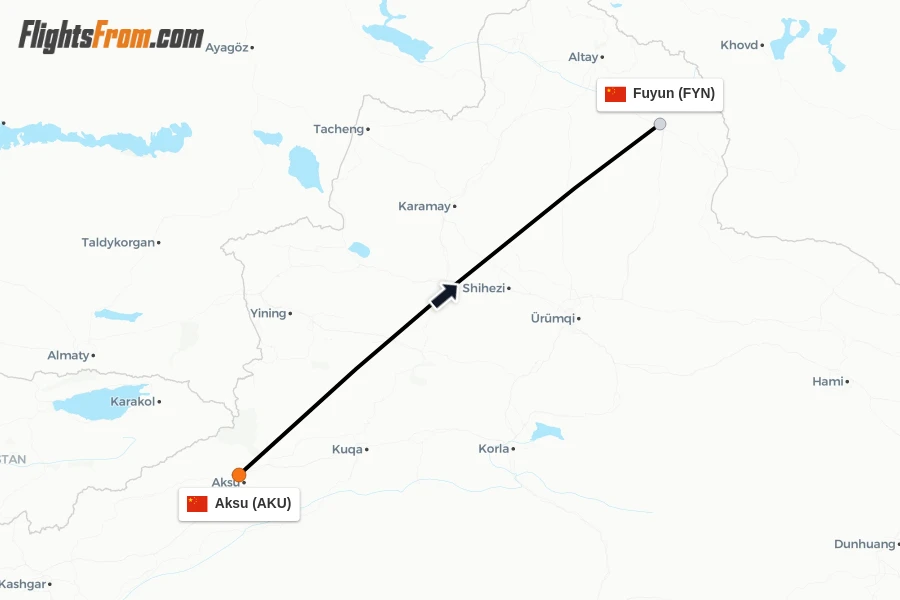 Flights from Aksu to Fuyun route map