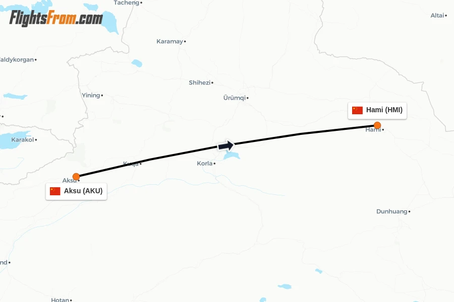 Flights from Aksu to Hami route map