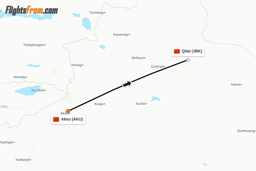 Flights from Aksu to Qitai route map