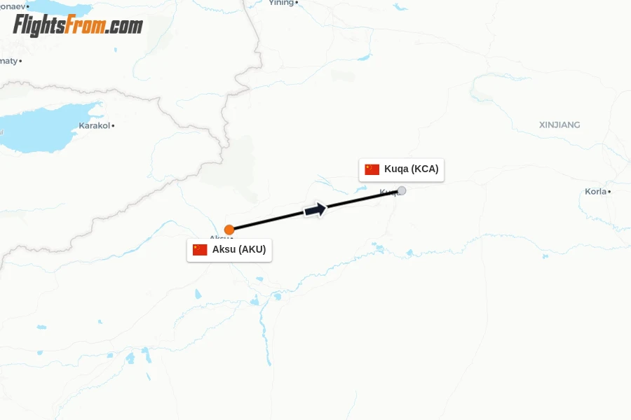 Flights from Aksu to Kuqa route map