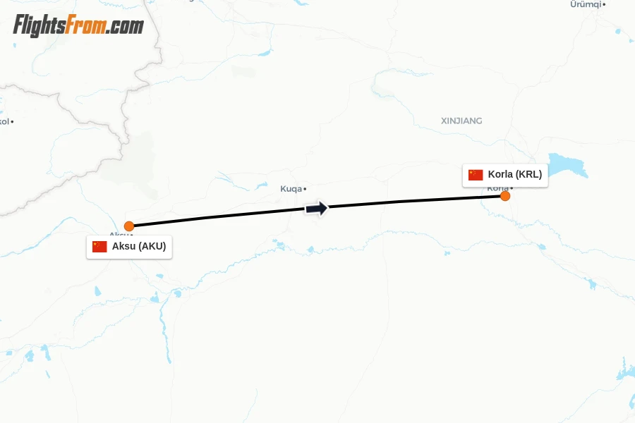 Flights from Aksu to Korla route map