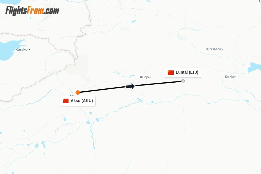 Flights from Aksu to Luntai route map