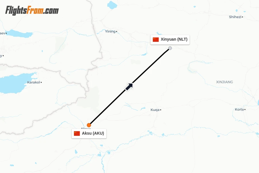 Flights from Aksu to Xinyuan route map