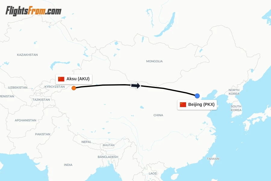 Flights from Aksu to Beijing route map