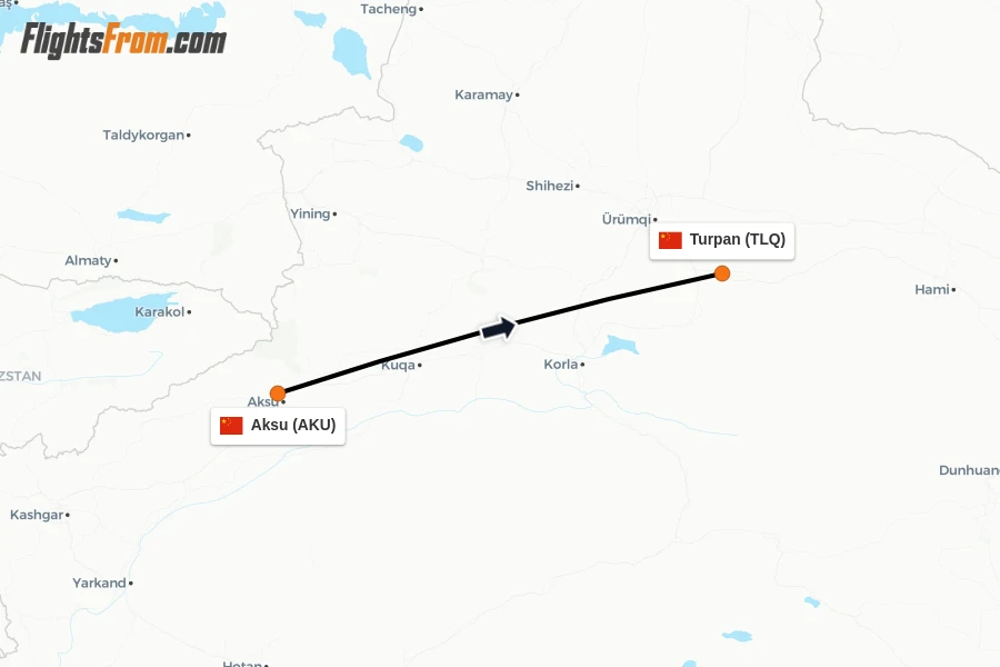 Flights from Aksu to Turpan route map