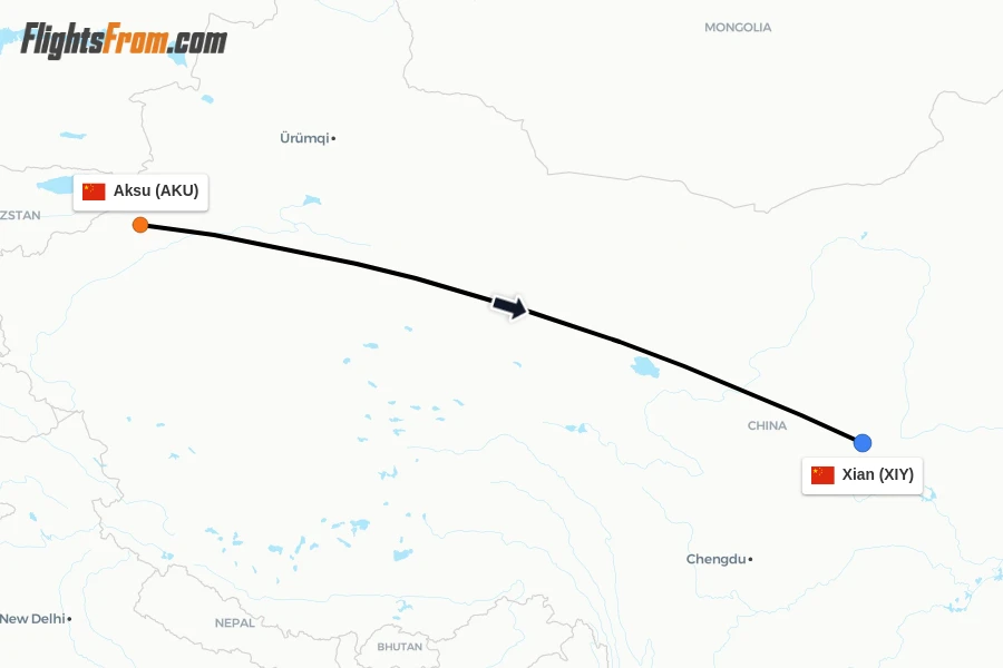 Flights from Aksu to Xian route map
