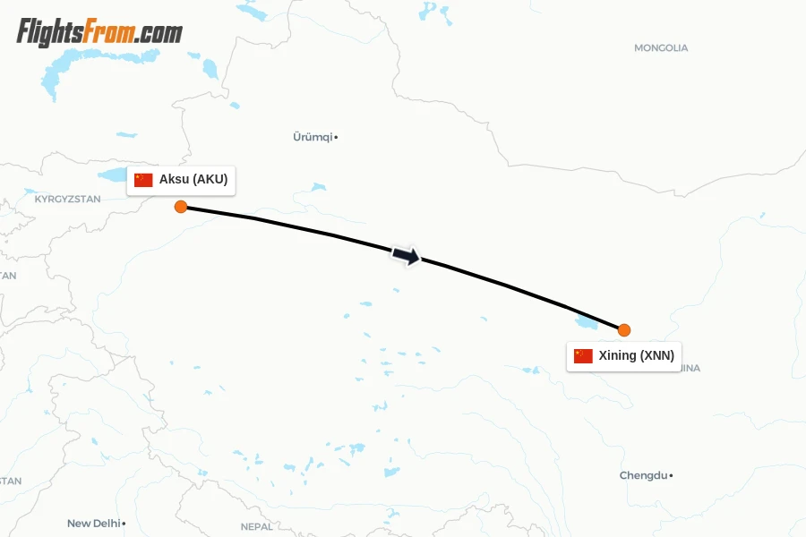 Flights from Aksu to Xining route map