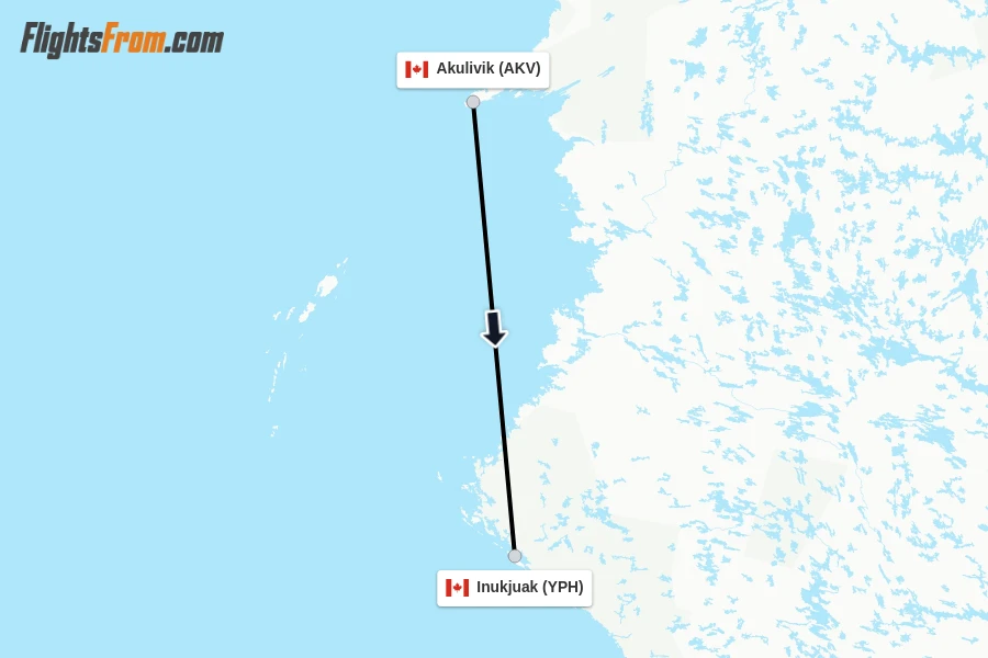 Flights from Akulivik to Inukjuak route map