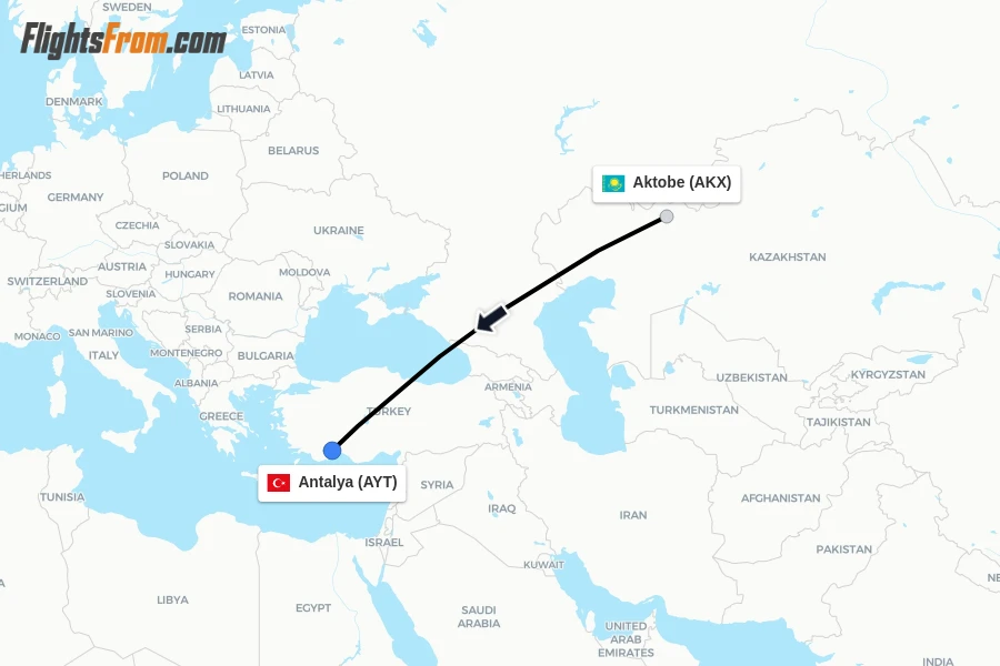 Flights from Aktobe to Antalya route map