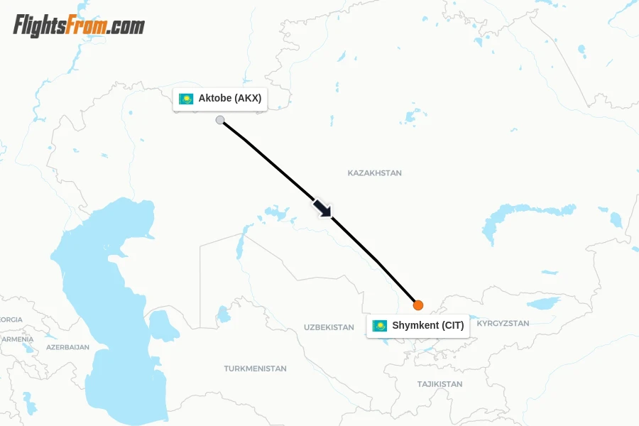 Flights from Aktobe to Shymkent route map
