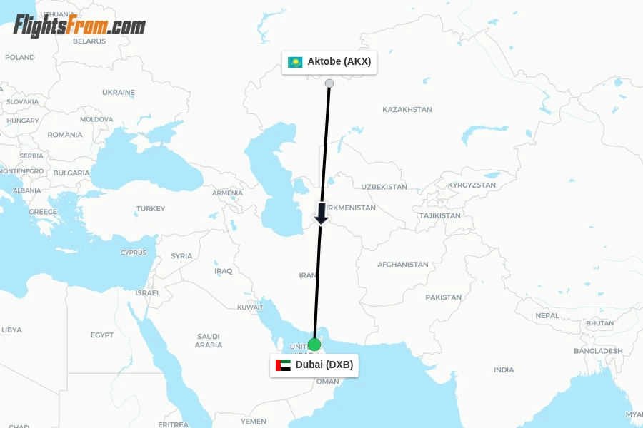 Flights from Aktobe to Dubai route map
