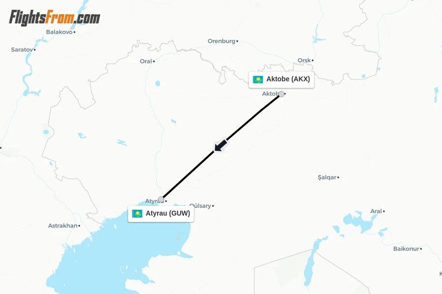 Flights from Aktobe to Atyrau route map
