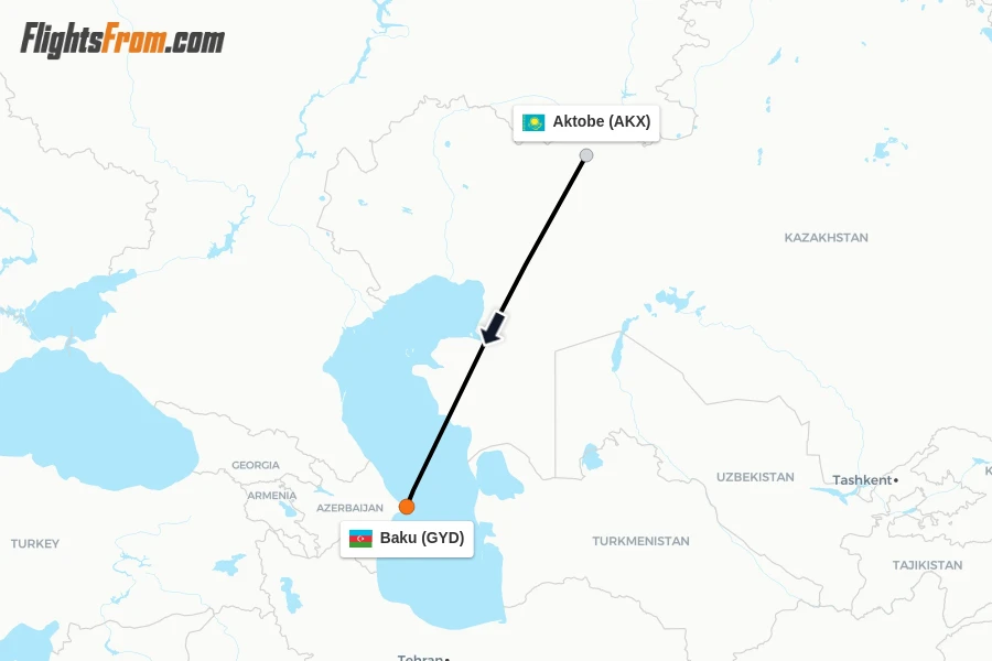 Flights from Aktobe to Baku route map