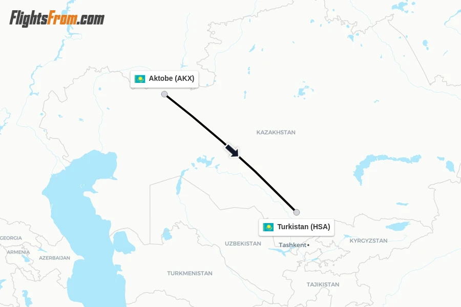 Flights from Aktobe to Turkistan route map