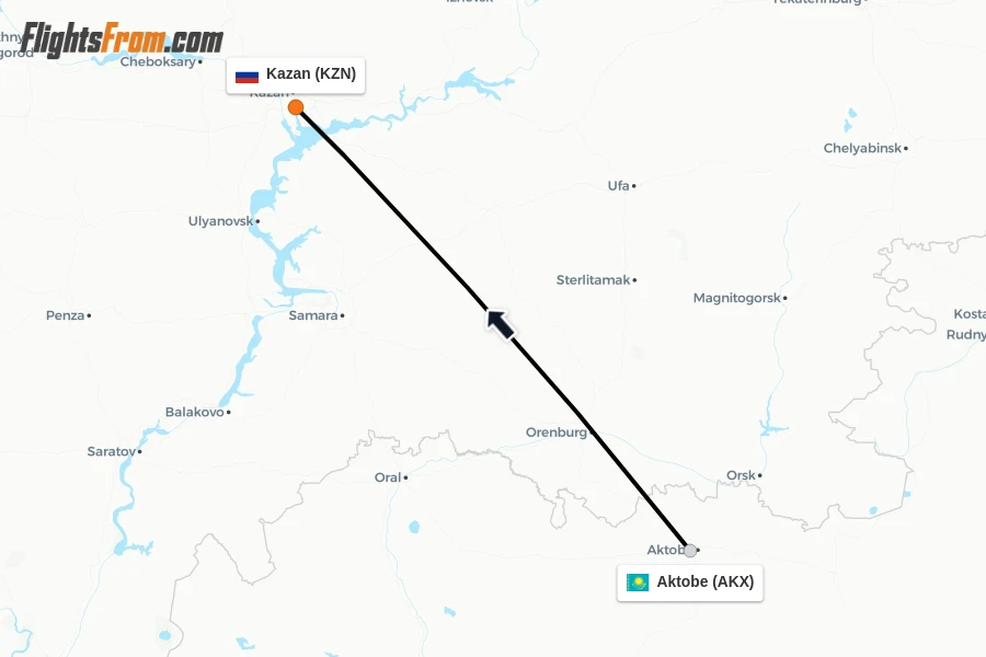 Flights from Aktobe to Kazan route map