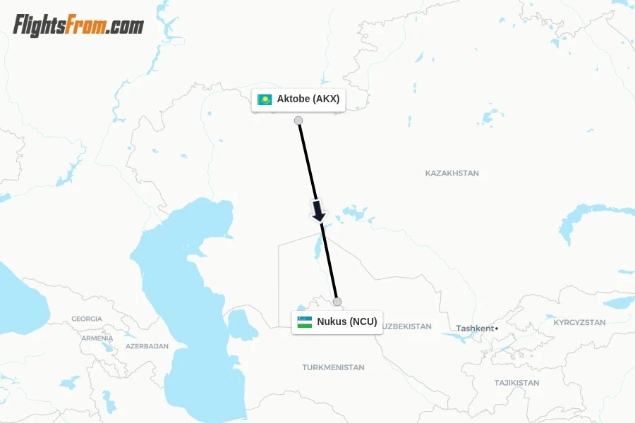 Flights from Aktobe to Nukus route map