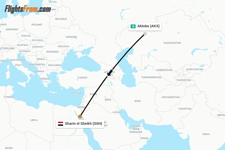 Flights from Aktobe to Sharm el Sheikh route map
