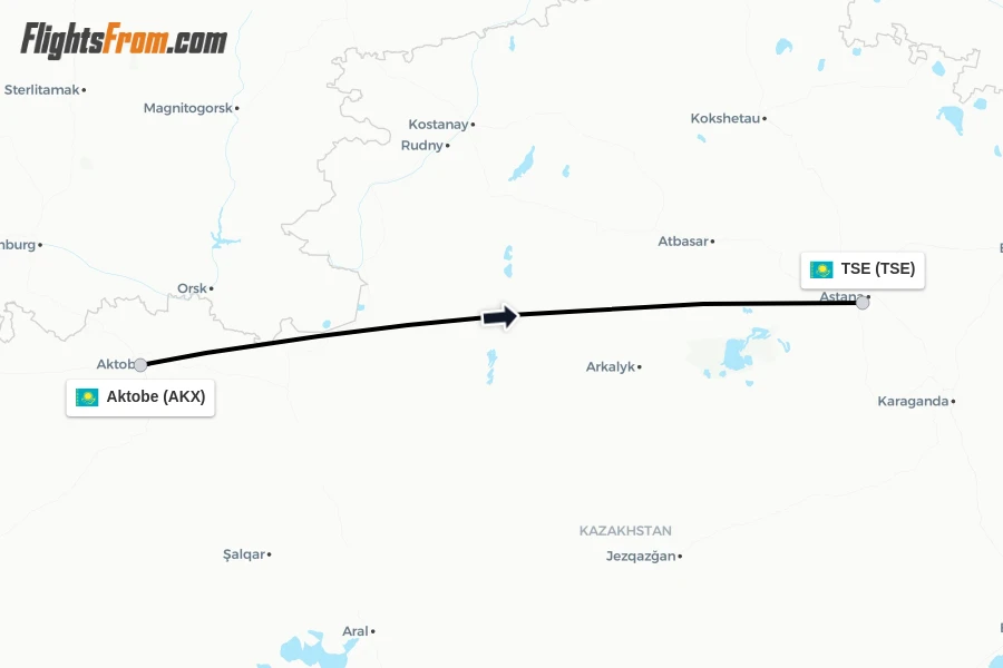 Flights from Aktobe to TSE route map